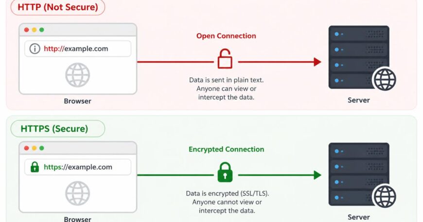 HTTP vs HTTPS difference shown as open versus locked connection between browser and server