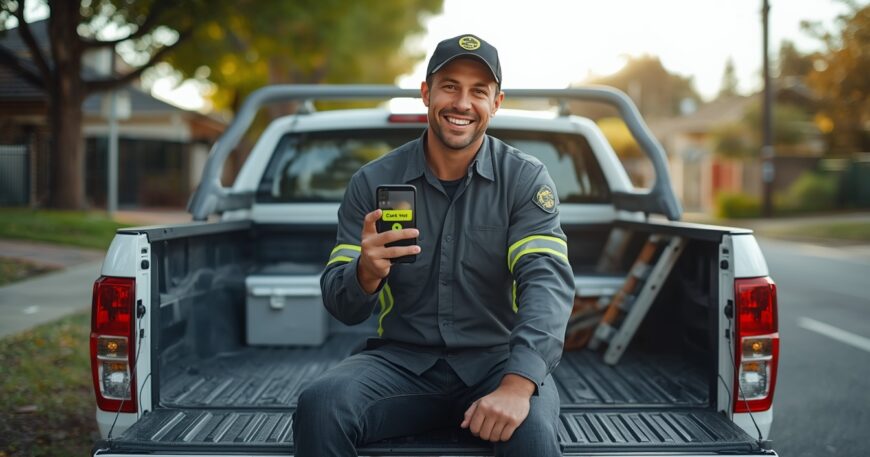 Australian tradie sitting on a work ute tailgate holding a phone showing his business website with a call button